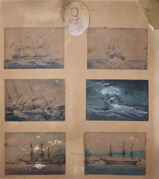 Six small watercolour studies of HMS Sutley sailing from Plymouth to South America 1867, 6 x 9cm, unframed